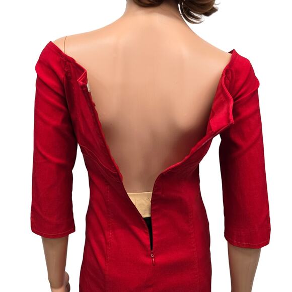 ZARA Red Dress Women M Empire Waist w Belt Buckle On Off Shoulder 3/4 Sleeve - Picture 8 of 13